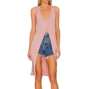 Free People‎ We The Free Button Front Tank Dress Duster XL Pink Ribbed Knit NWT